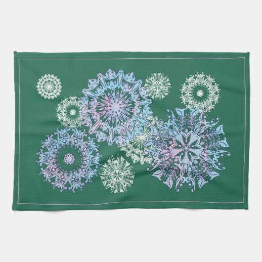 明るい緑茶タオル水彩の雪片 キッチンタオル (横)