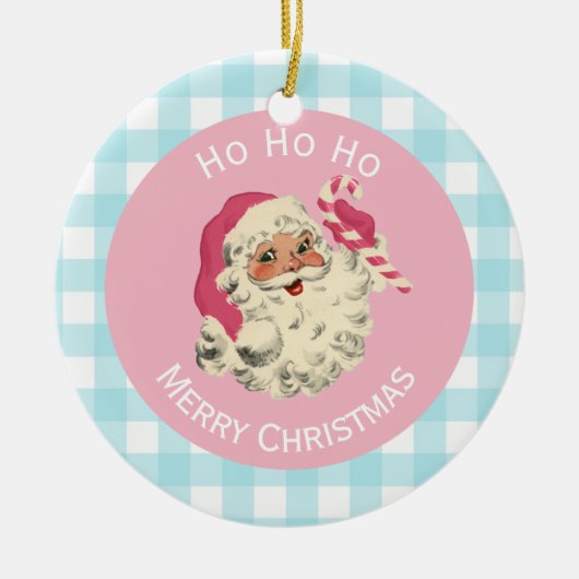 明るい肌のピンクとブルーのサンタ セラミックオーナメント (正面)