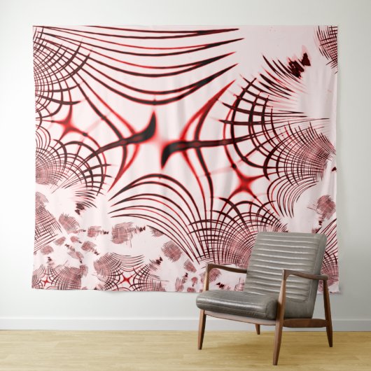 明るい背景に交差する赤い曲線のトレース タペストリー (インサイチュ(横))