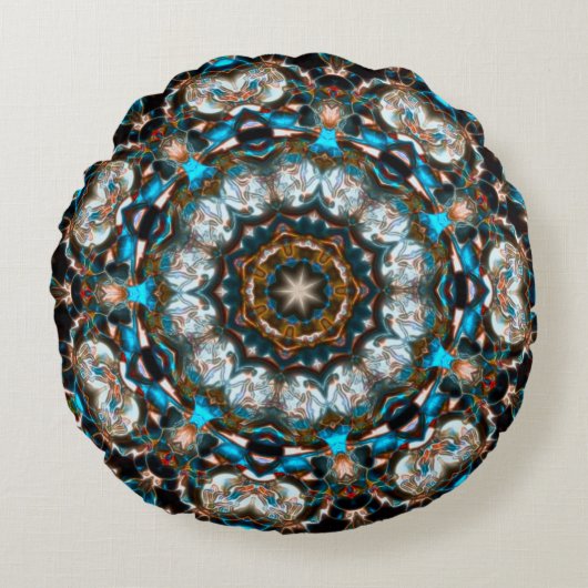 明るい色のクレーターのように見える曼荼羅 ラウンドクッション (正面)