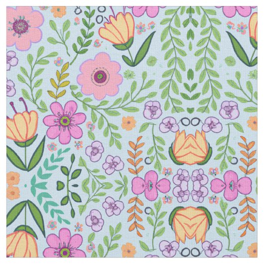 明るい色のシームレスな花模様の青 ファブリック (クローズアップ)