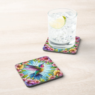 明るい色のステンドグラスのハミングバード コースター
