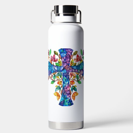 明るい色のステンドグラス十字型 ウォーターボトル (背面)