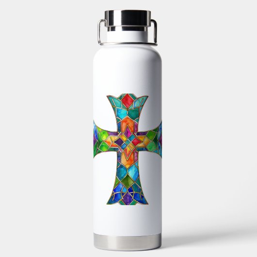 明るい色のステンドグラス十字型 ウォーターボトル (背面)