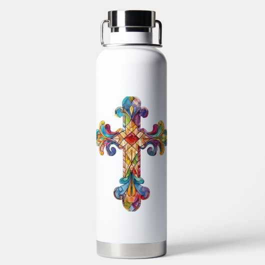 明るい色のステンドグラス十字型 ウォーターボトル (背面)