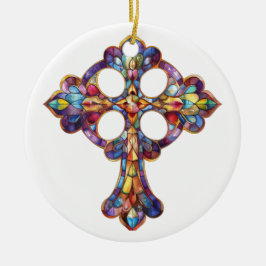 明るい色のステンドグラス十字 セラミックオーナメント