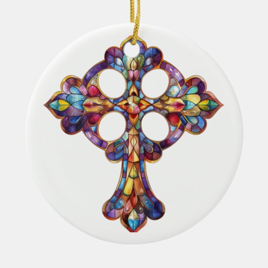 明るい色のステンドグラス十字 セラミックオーナメント (正面)