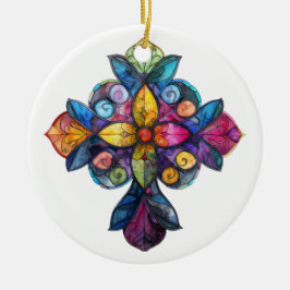 明るい色のステンドグラス十字 セラミックオーナメント