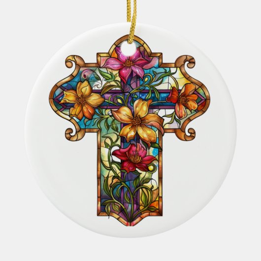 明るい色のステンドグラス十字 セラミックオーナメント (正面)