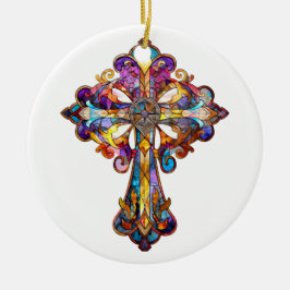 明るい色のステンドグラス十字 セラミックオーナメント