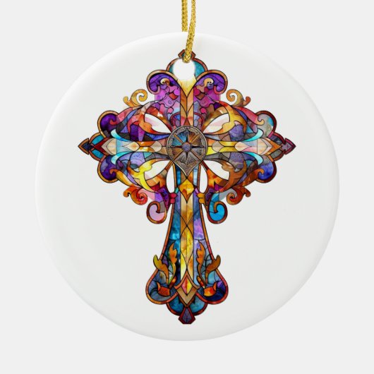 明るい色のステンドグラス十字 セラミックオーナメント (正面)