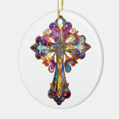 明るい色のステンドグラス十字 セラミックオーナメント (左)