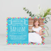 明るい色のストライプLDSバプテスマ発表 招待状 (スタンド正面)