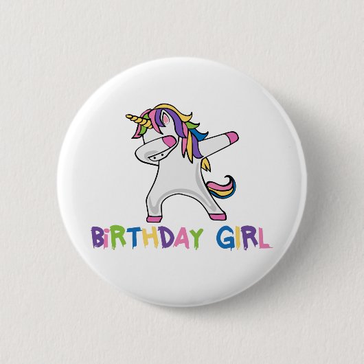 明るい色のダビングユニコーン誕生日の女の子 缶バッジ (正面)