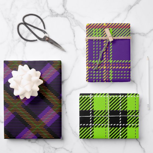 明るい色のハロウィンプレイドパターン ラッピングペーパーシート (正面)