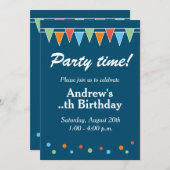 明るい色のバンティングフラッグバースデーパーティー 招待状 (正面/裏面)