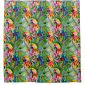 明るい色のパロットと熱帯花 シャワーカーテン (正面)