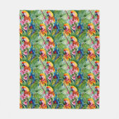 明るい色のパロットと熱帯花 フリースブランケット (正面)