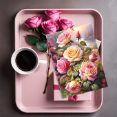 明るい色のピンクの黄色のバラフローラ水色 カード