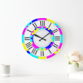 明るい色のピンクブルー、イエロージグソーパズルアート ラージ壁時計 (ホーム)