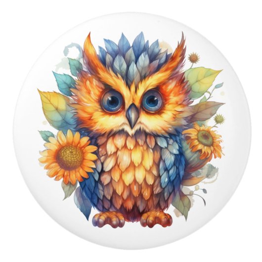 明るい色のフクロウのドアを引く。 セラミックノブ (正面)