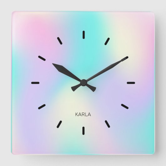 明るい色のホログラフィック背景 スクエア壁時計 (正面)