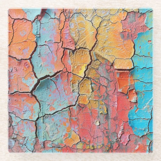 明るい色の乾燥ひび割れ絵を描た風合い ガラスコースター (正面)