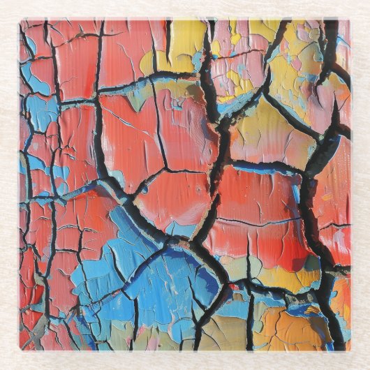 明るい色の乾燥ひび割れ絵を描た風合い ガラスコースター (正面)