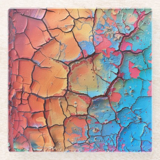 明るい色の乾燥ひび割れ絵を描た風合い ガラスコースター (正面)