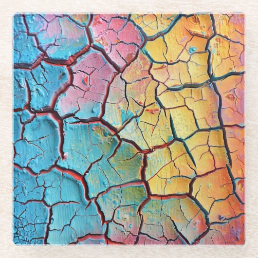 明るい色の乾燥ひび割れ絵を描た風合い ガラスコースター (正面)