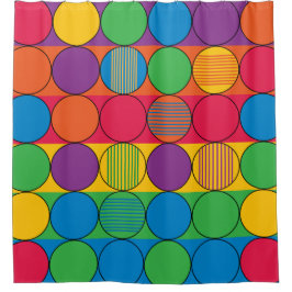 明るい色の円とストライプ シャワーカーテン