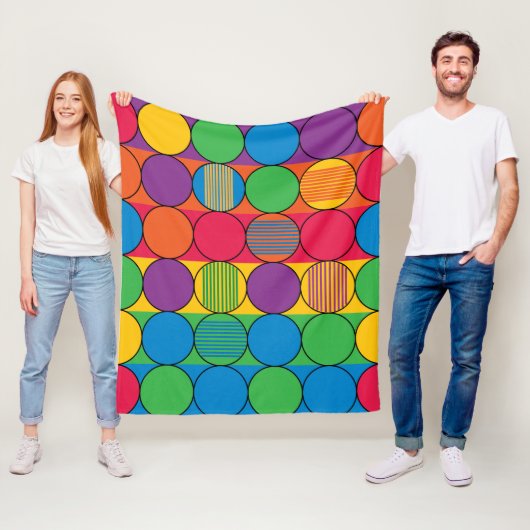 明るい色の円とストライプ フリースブランケット (インサイチュ)