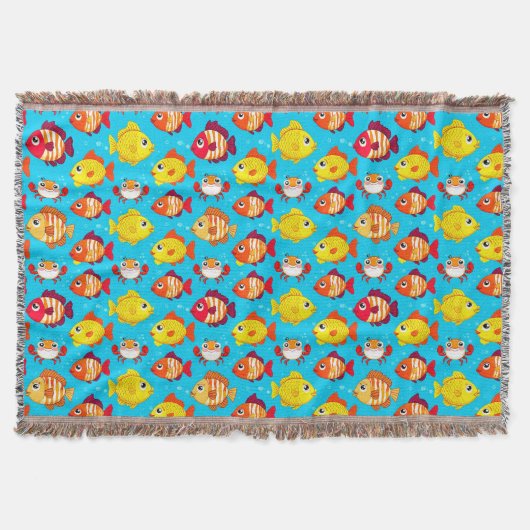 明るい色の可愛らしいアニメの魚とカニ スローブランケット (正面)