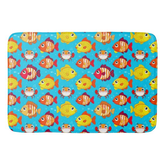 明るい色の可愛らしいアニメの魚とカニ バスマット (正面)