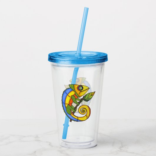 明るい色の抽象芸術と葉を持つ笑顔のトカゲ アクリルタンブラー (裏面)