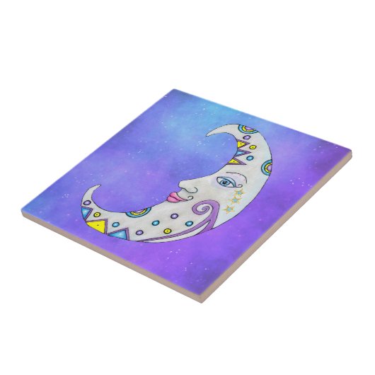 明るい色の月のかわいらし顔スターパープルスカイ タイル (側面)