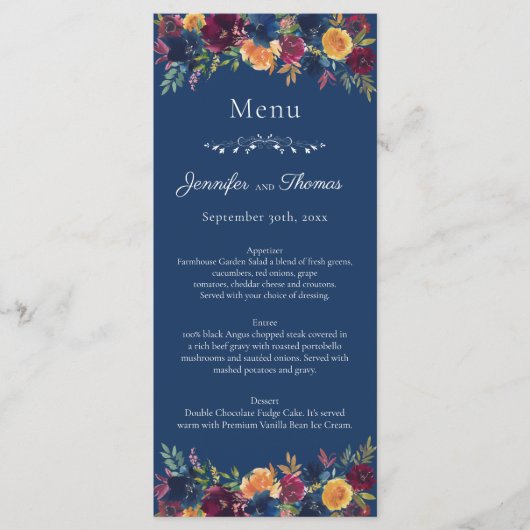 明るい色の水色ネイビーブルーフローラ結婚ズ メニュー (正面)