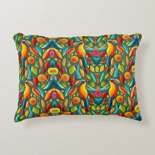 明るい色の熱帯鳥 アクセントクッション (正面)