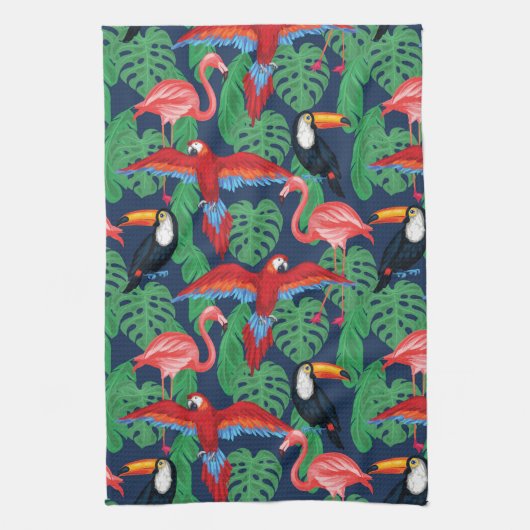 明るい色の熱帯鳥 キッチンタオル (縦)