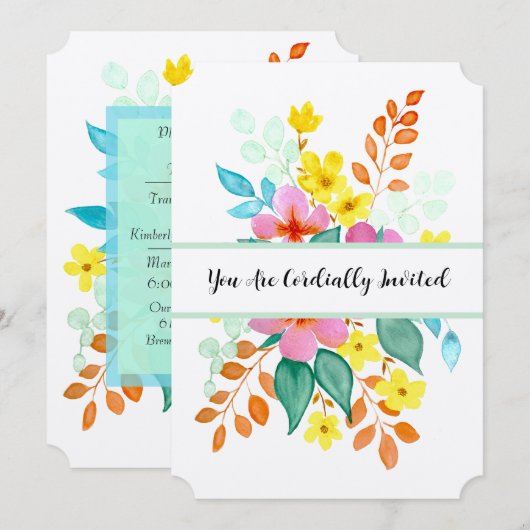 明るい色の現代的な水彩花 招待状 (正面/裏面)