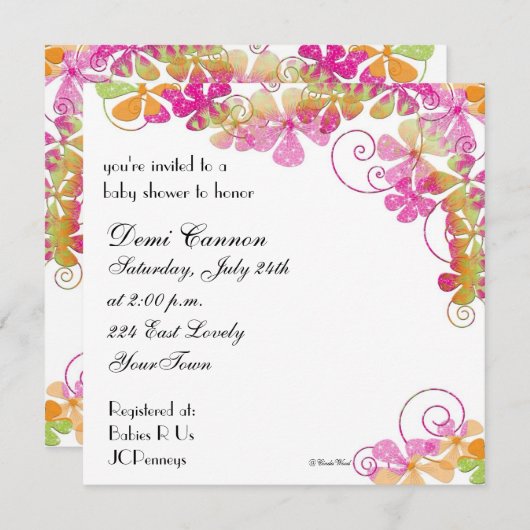 明るい色の花のベビーシャワーの招待状 招待状 (正面/裏面)