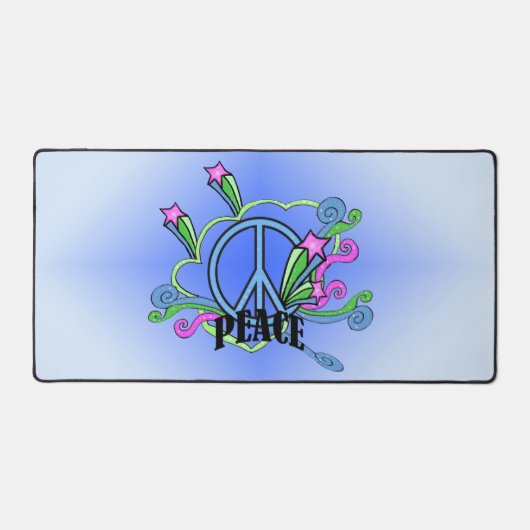 明るい色の青い平和のサインがピンクの星をスクロール デスクマット (正面)