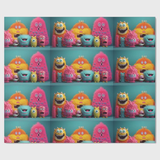 明るい色カラフルの毛むくじゃらの怪物 ラッピングペーパー (フラット)