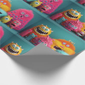 明るい色カラフルの毛むくじゃらの怪物 ラッピングペーパー (角)