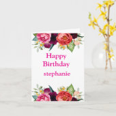 明るい色パーソナライズされたのピンクローズ誕生日 カード (黄色い花)