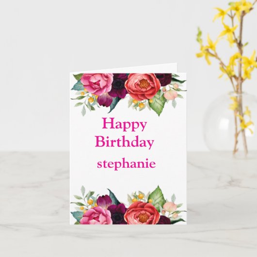 明るい色パーソナライズされたのピンクローズ誕生日 カード (黄色い花)