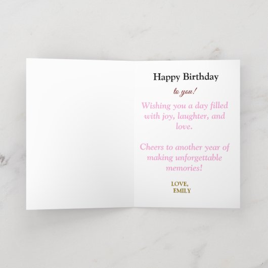 明るい色パーソナライズされたのピンクローズ誕生日 箔グリーティングカード (内側レイダウン)