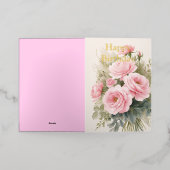 明るい色パーソナライズされたのピンクローズ誕生日 箔グリーティングカード (外側レイダウン)