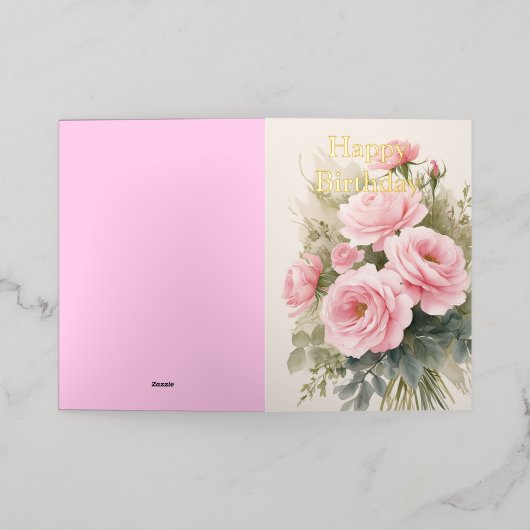 明るい色パーソナライズされたのピンクローズ誕生日 箔グリーティングカード (外側レイダウン)