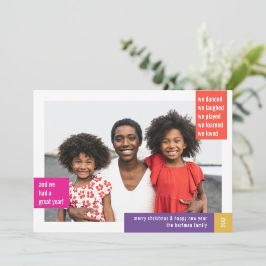 明るい色モダンのブロックフォトクリスマス シーズンカード (スタンド正面)